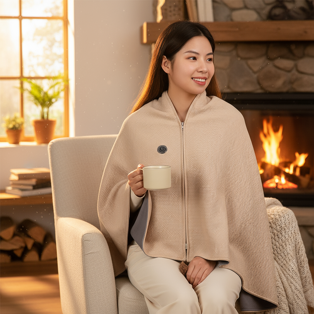 Poncho térmico eléctrico USB puesto, calor uniforme en hombros y espalda