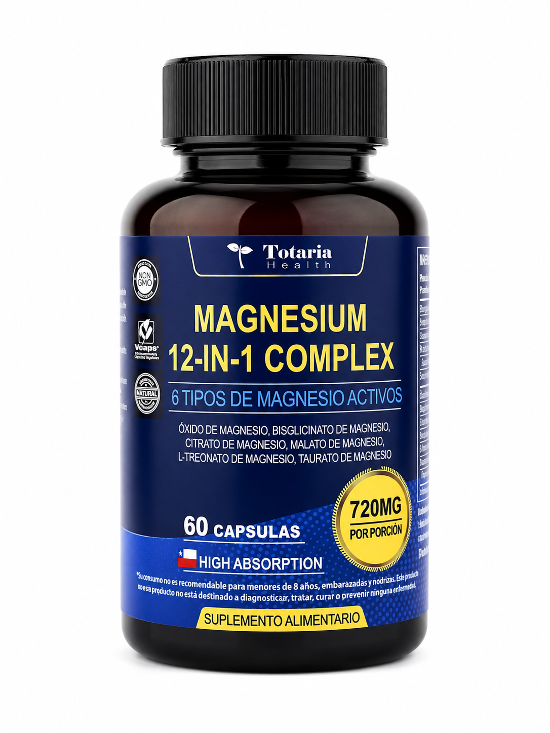 Etiqueta del Magnesium 12-in-1 Complex: hecho en EE.UU., GMP Certified, sin gluten