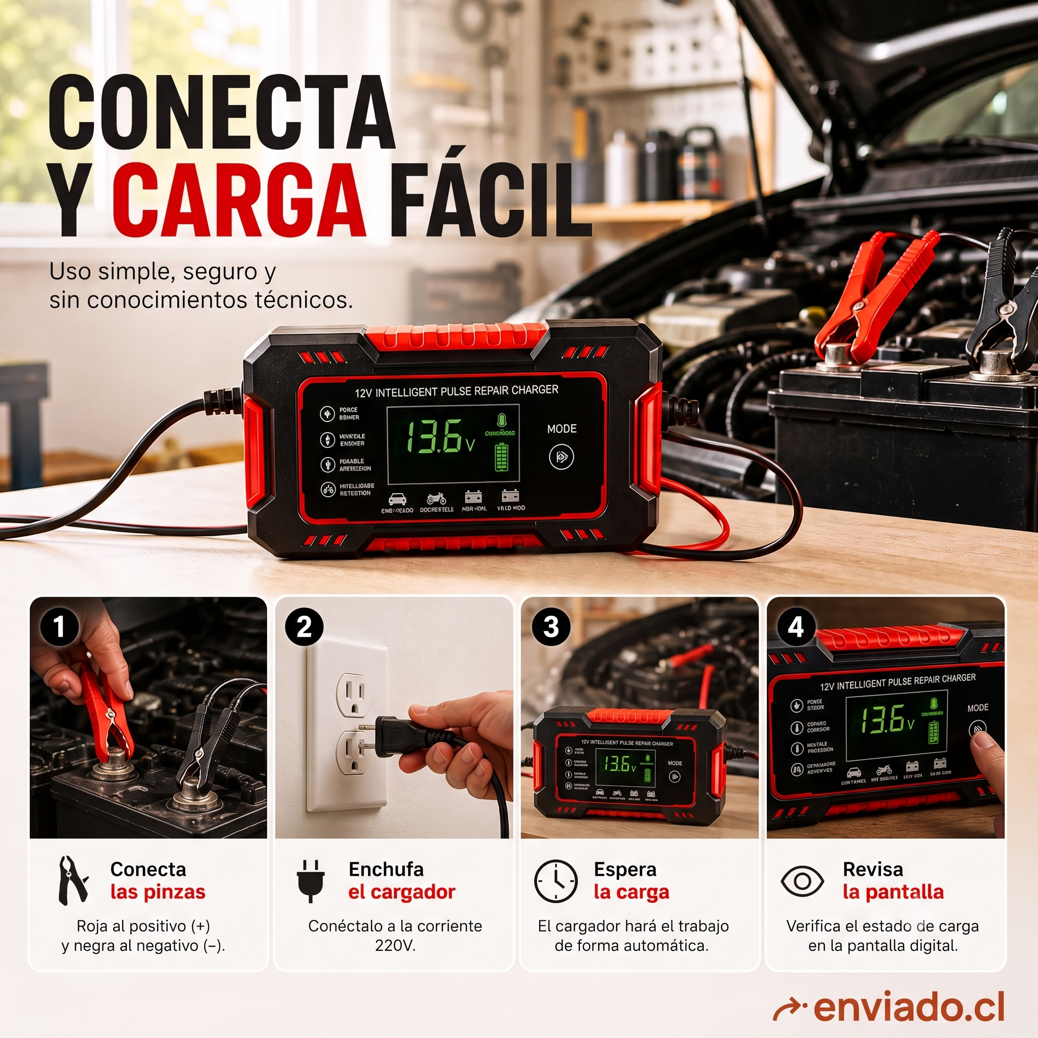 Cargador Reparador Inteligente de Baterías para Auto