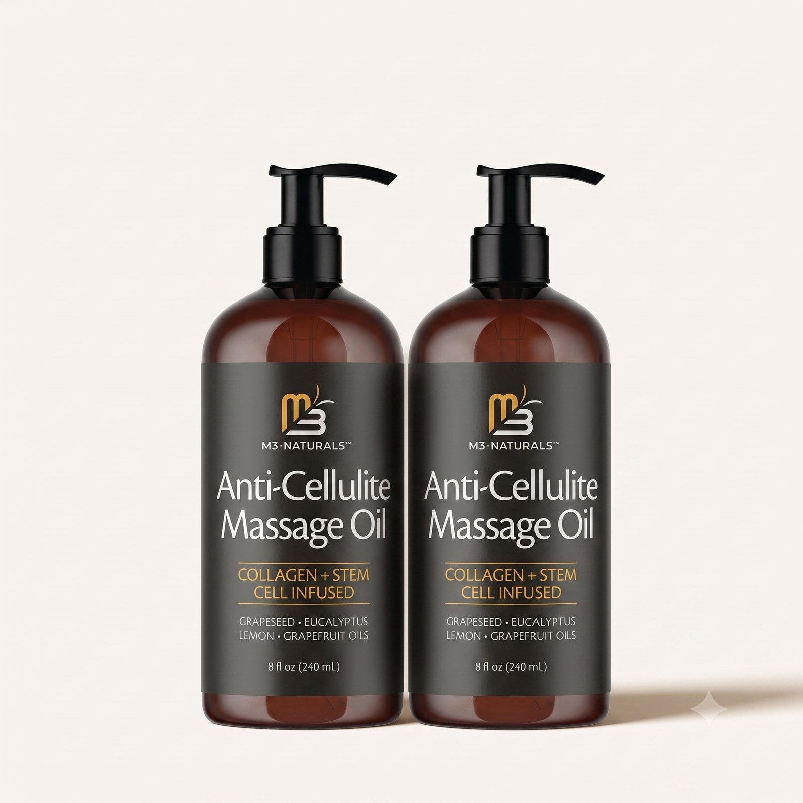 Pack de 2 aceites de masaje corporal M3 Naturals de 240 ml sobre fondo crudo